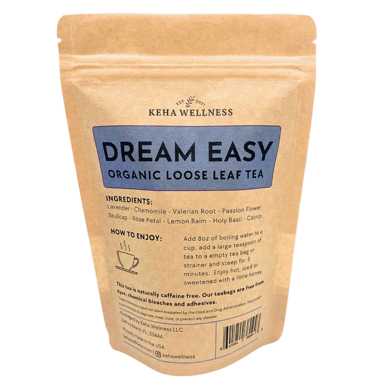 Keha Wellness Dream Easy organic loose leaf tea package on a light gray background