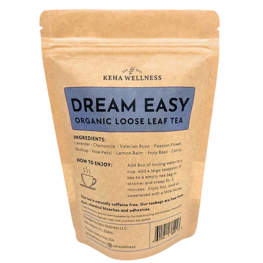 Keha Wellness Dream Easy organic loose leaf tea package on a light gray background