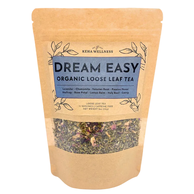 Keha Wellness Dream Easy organic loose leaf tea package on a light gray background