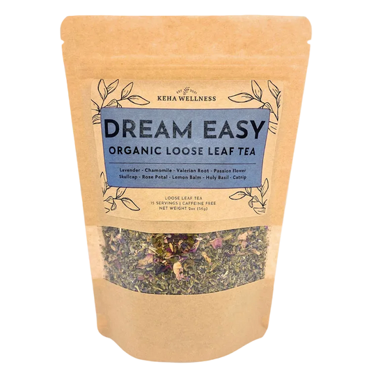 Keha Wellness Dream Easy organic loose leaf tea package on a light gray background