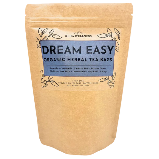 Kerra Wellness Dream Easy Organic Herbal Tea Bags packaging on a light gray background