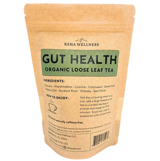 Keha Wellness Gut Health Organic Loose Leaf Tea package on a light gray background