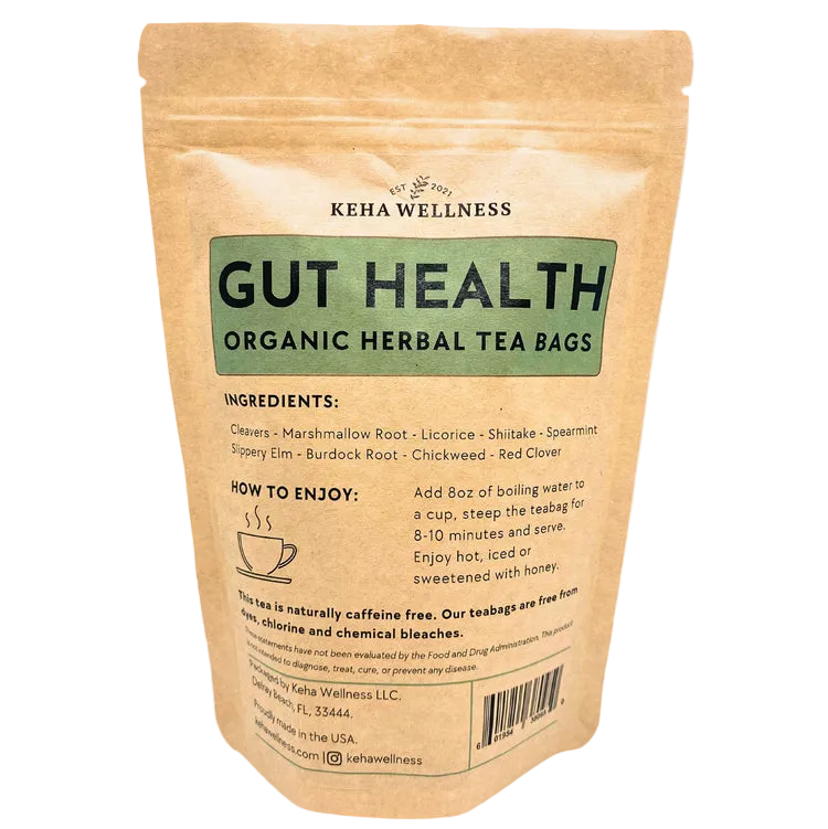 Keha Wellness Gut Health Organic Herbal Tea Bags packaging on a light gray background