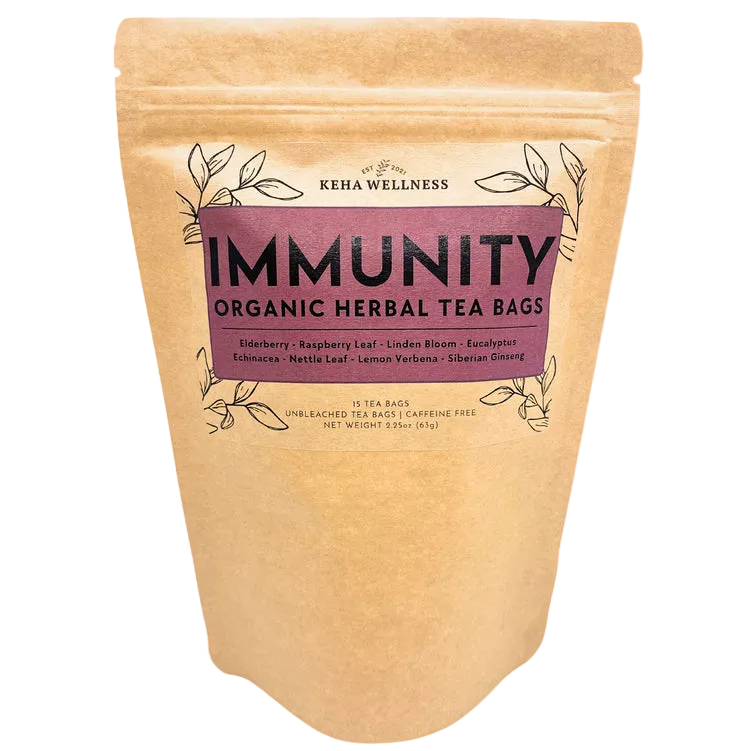 Keba Wellness immunity organic herbal tea bags packaging on a light gray background