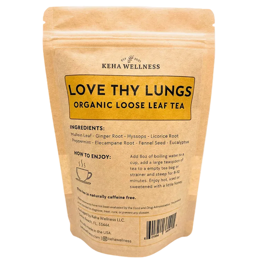 Keha Wellness 'Love Thy Lungs' organic loose leaf tea package on a light gray background