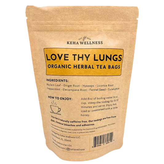 Keha Wellness Love Thy Lungs organic herbal tea bags packaging on a light gray background