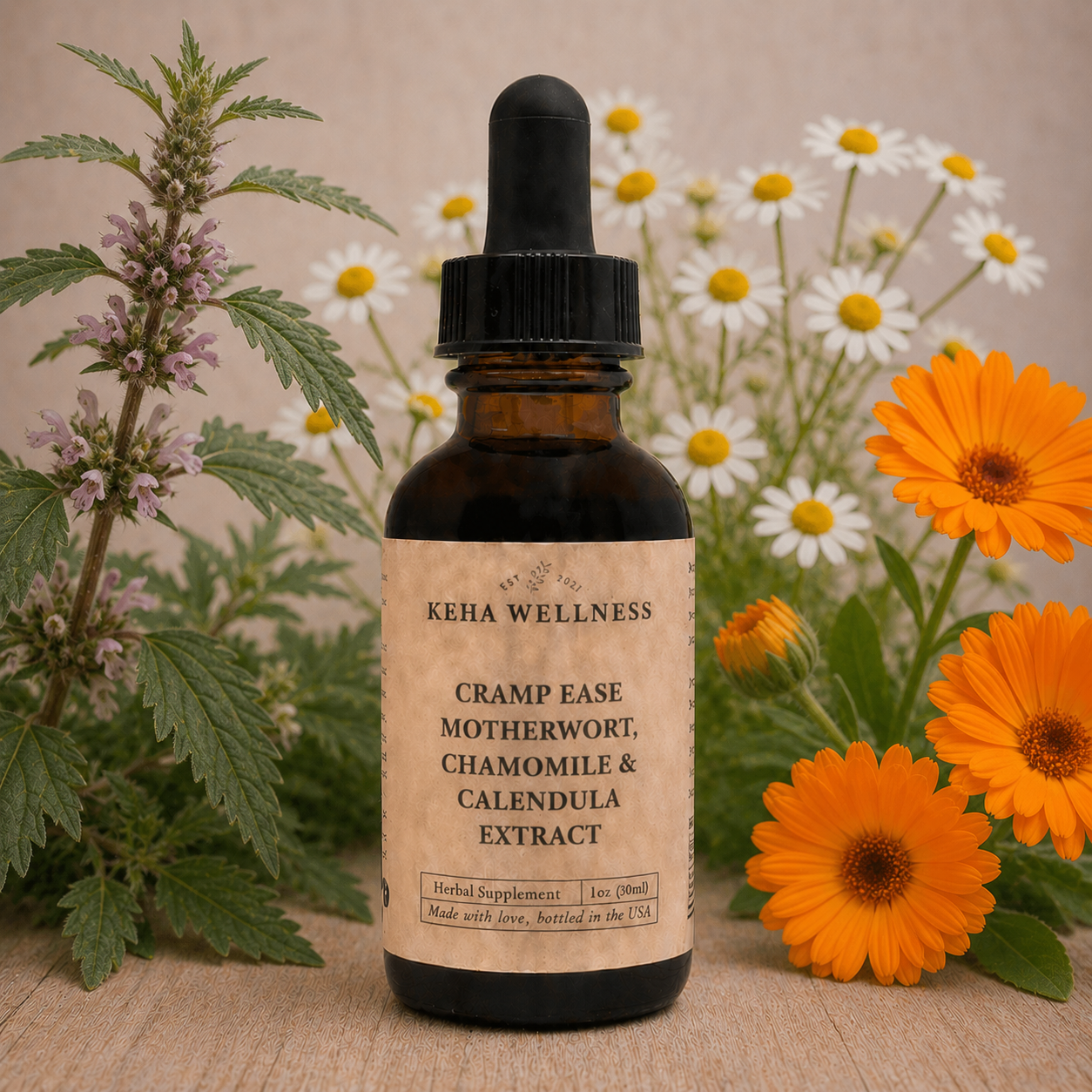 Keha Wellness Cramp Ease tincture bottle — organic motherwort, chamomile & calendula women's blend