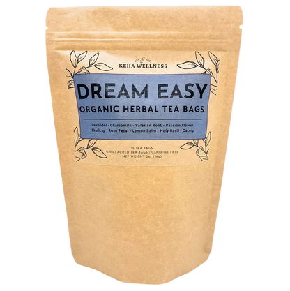 Kerra Wellness Dream Easy Organic Herbal Tea Bags packaging on a light gray background