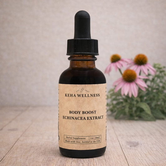 Bottle of Keha Wellness Body Boost Echinacea Extract on a wooden surface with flowers in the background