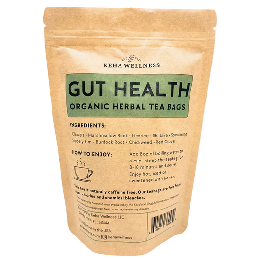 Keha Wellness Gut Health Organic Herbal Tea Bags packaging on a light gray background
