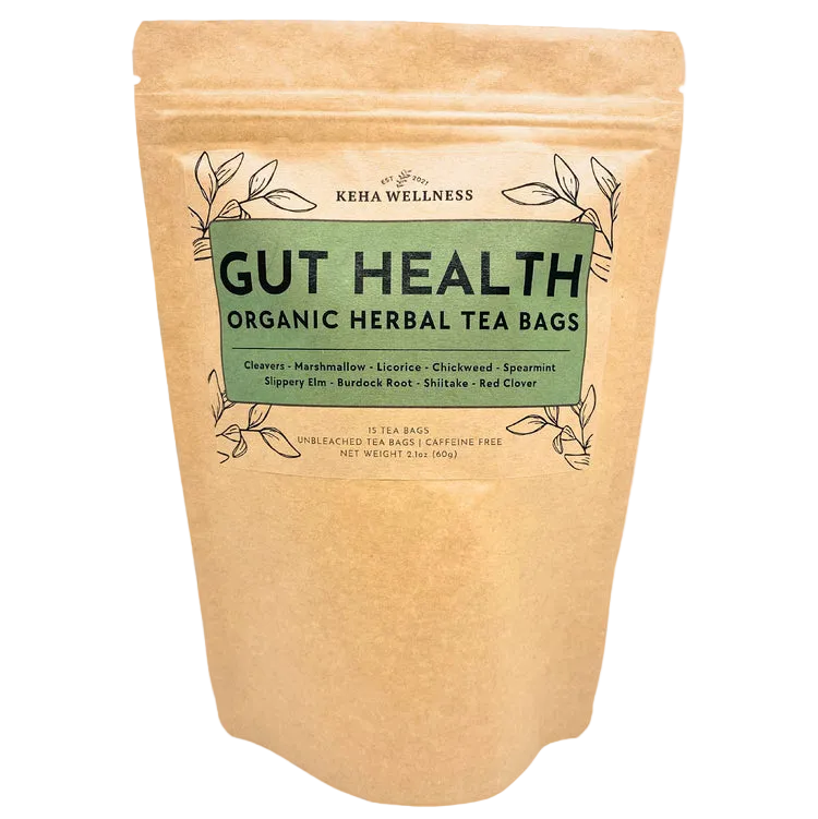 Keba Wellness Gut Health Organic Herbal Tea Bags packaging on a light gray background