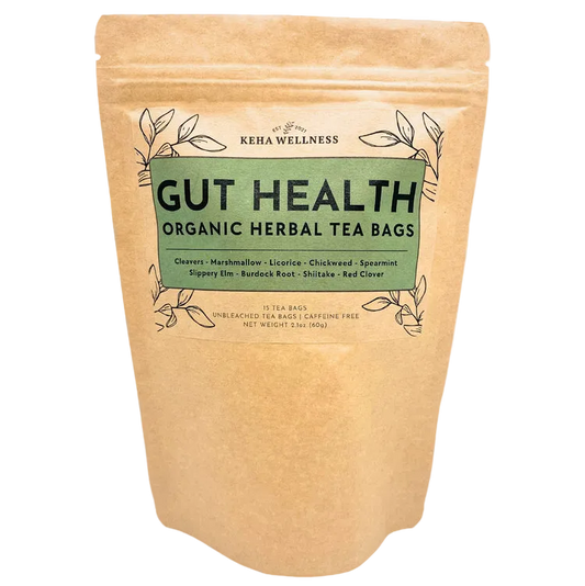 Keba Wellness Gut Health Organic Herbal Tea Bags packaging on a light gray background
