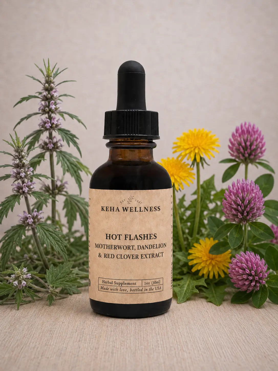 Hot Flashes Tincture — Motherwort, Dandelion & Red Clover | Organic Herbal Extract