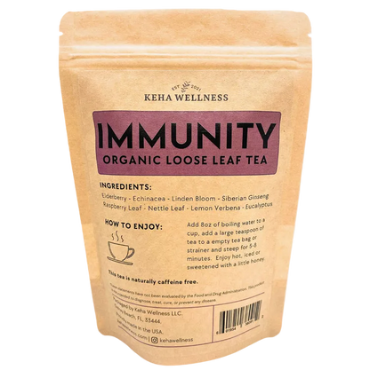 Keha Wellness immunity organic loose leaf tea package on a gray background
