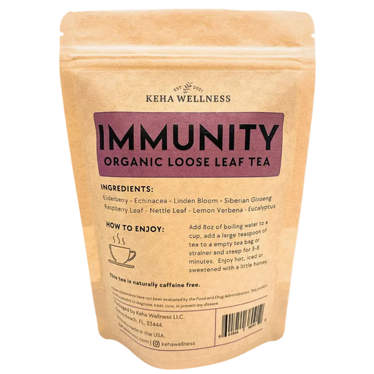 Keha Wellness immunity organic loose leaf tea package on a gray background
