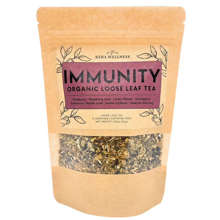 Keba Wellness immunity organic loose leaf tea package on a gray background