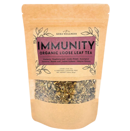 Keba Wellness immunity organic loose leaf tea package on a gray background