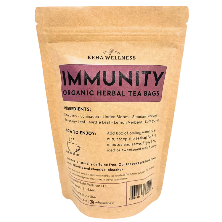 Keha Wellness immunity organic herbal tea bags packaging on a gray background