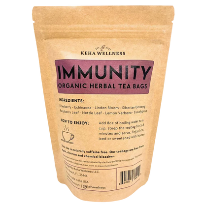 Keha Wellness immunity organic herbal tea bags packaging on a gray background
