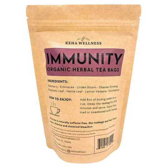 Keha Wellness immunity organic herbal tea bags packaging on a gray background