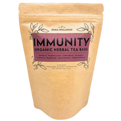 Keba Wellness immunity organic herbal tea bags packaging on a light gray background