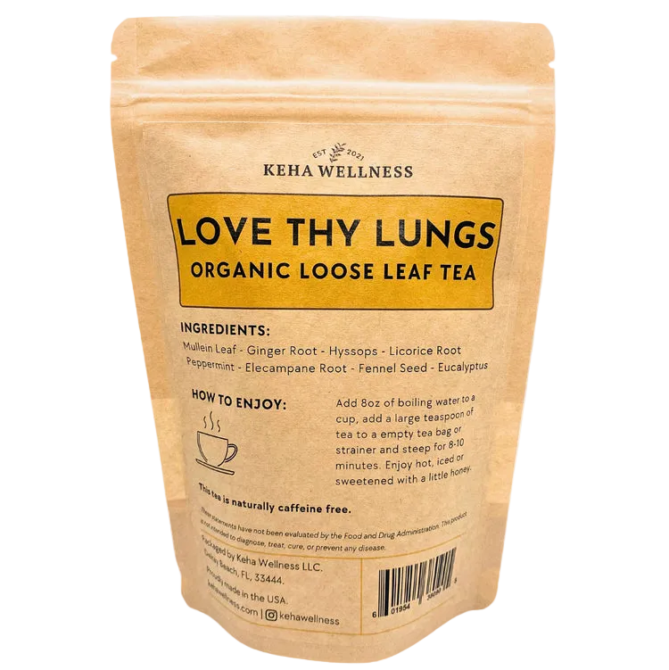 Keha Wellness 'Love Thy Lungs' organic loose leaf tea package on a light gray background