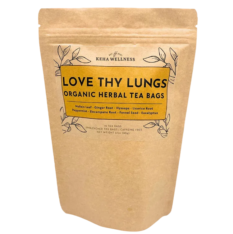Kesa Wellness Love Thy Lungs organic herbal tea bags packaging on a light gray background