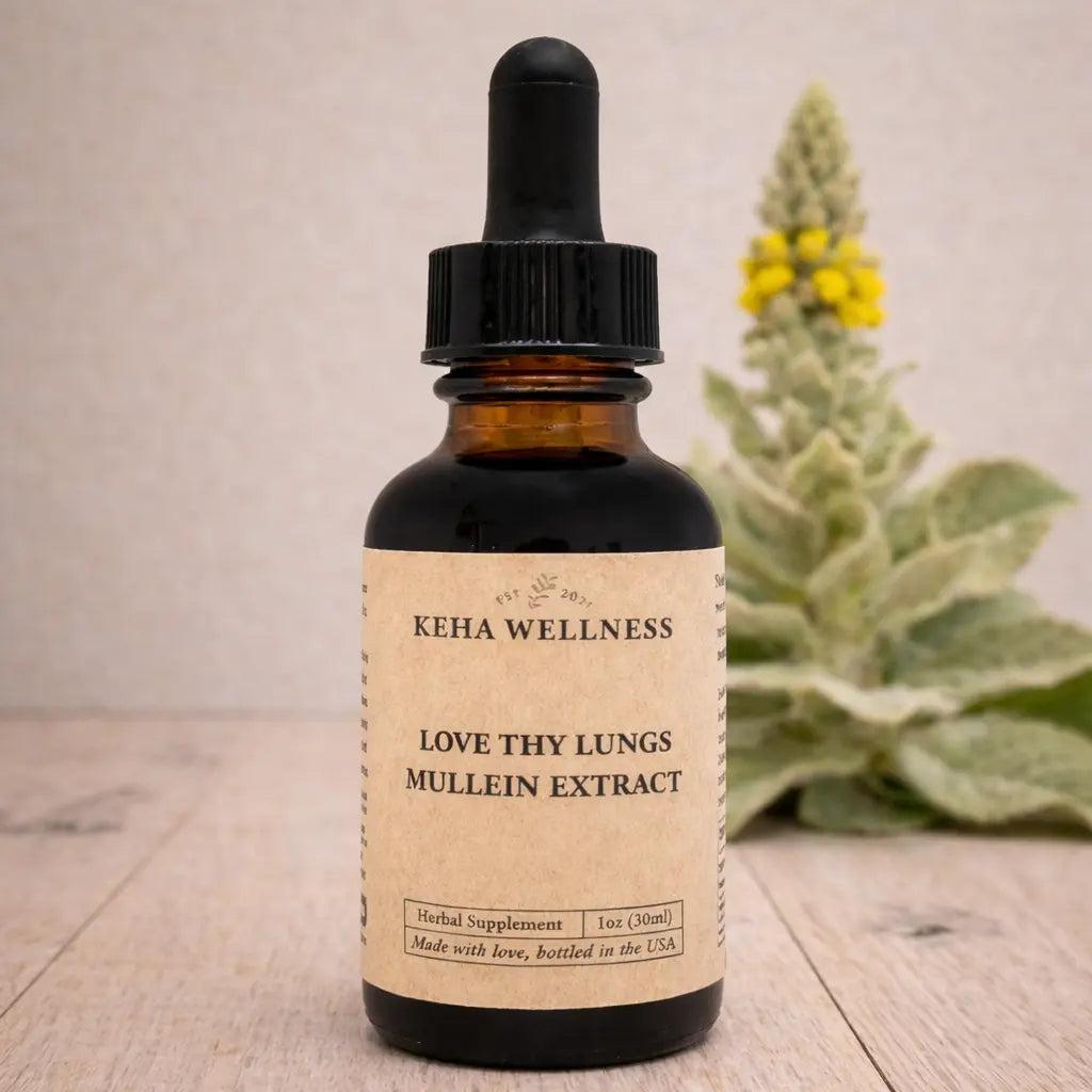 Bottle of Keha Wellness Mullein Extract on a wooden surface with a natural background